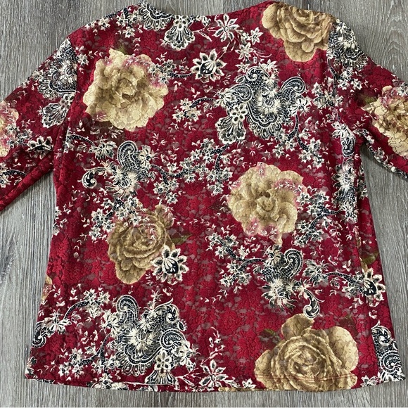 Y2K lace floral women’s blouse size large v-neck red 3 quarter sleeve - Picture 6 of 6
